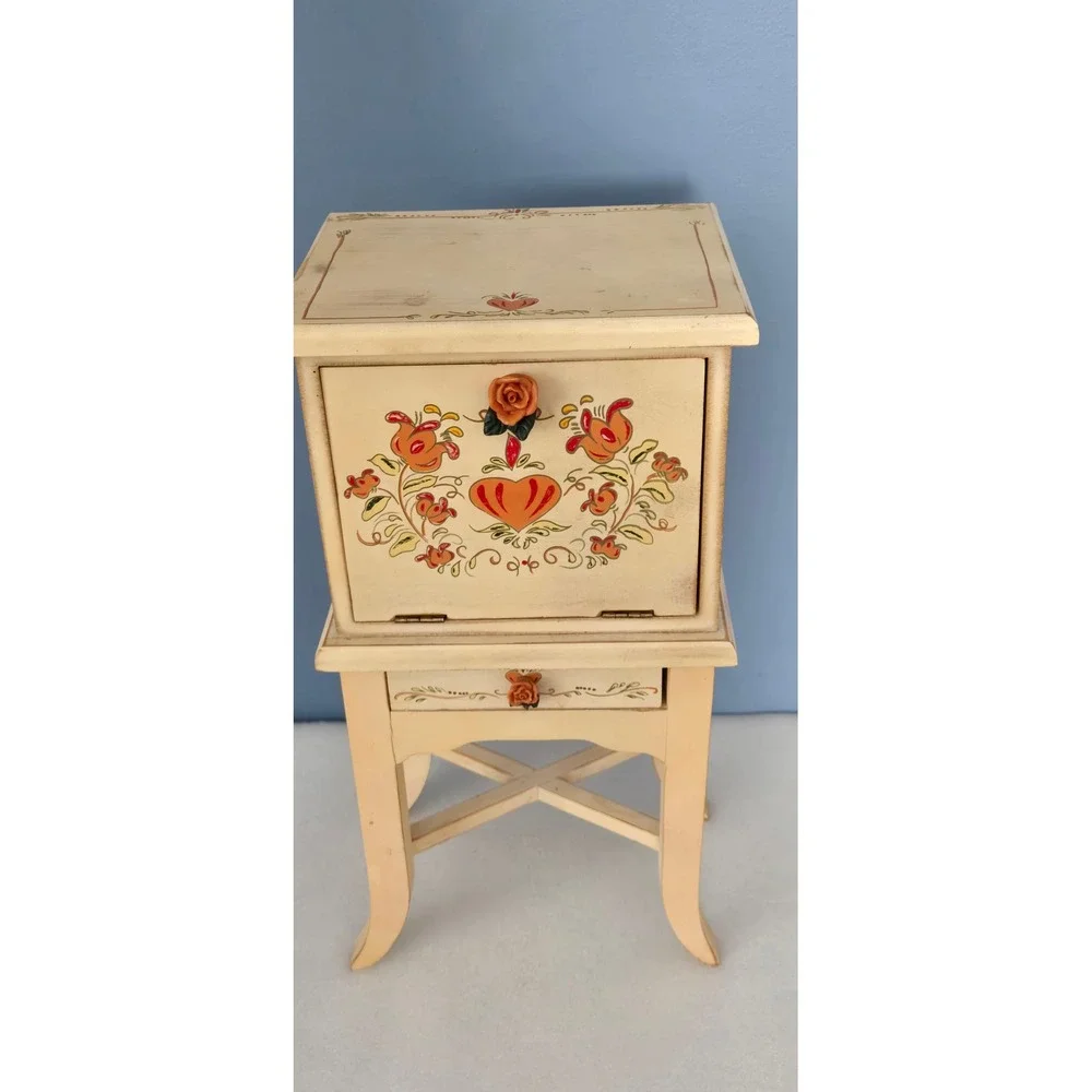 Vintage Hand Painted Floral Heart Wooden Jewelry Armoire Mini Vanity Chest 16in